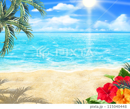 太陽の光差し込む青い空の下、美しい海沿いにヤシの葉とハイビスカスの咲く夏のおしゃれフレーム背景素材 115040448