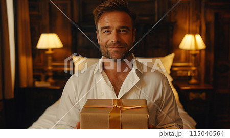 Father holding a gift in a cozy room 115040564