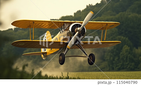 Old plane with double wings. Biplane landing 115040790