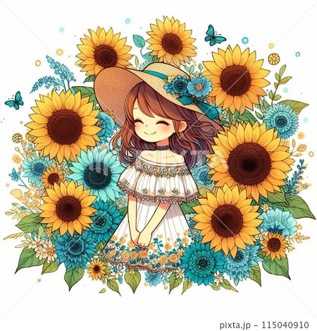 ひまわりに囲まれた女の子 115040910
