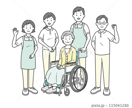 車椅子に座る高齢女性と介助をする介護士男女のイラストセット 車椅子に座る高齢女性と介助をする介護士男女のイラストセット 115041280