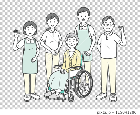 車椅子に座る高齢女性と介助をする介護士男女のイラストセット 車椅子に座る高齢女性と介助をする介護士男女のイラストセット 115041280
