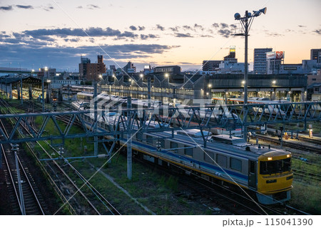 【名古屋車両区】夕暮れの車庫から出庫する検測車 【名古屋車両区】夕暮れの車庫から出庫する検測車 115041390