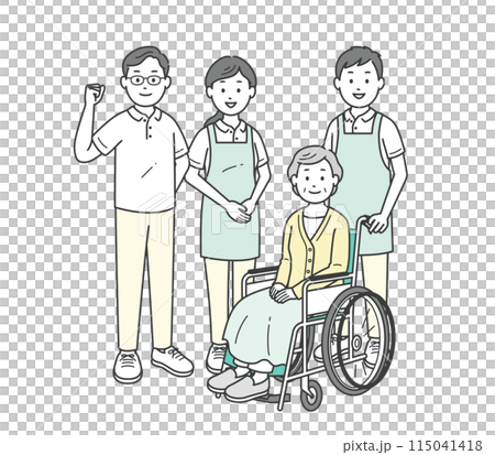 車椅子に座る高齢女性と介助をする介護士男女のイラストセット 115041418