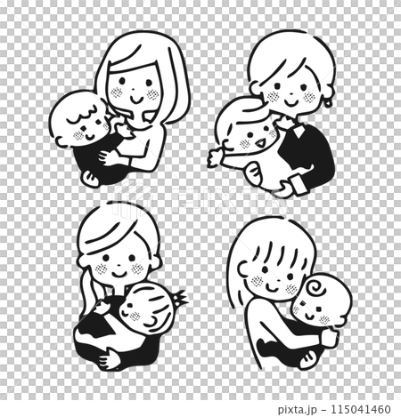 色々なお母さんと赤ちゃんのイラスト　モノクロ 115041460