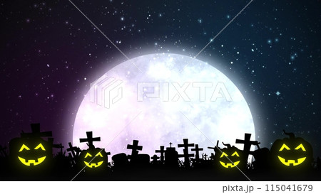 Halloween background animation with big moon and scary pumpkins. Scary night of Halloween. 3d illustration Halloween background animation with big moon and scary pumpkins. Scary night of Halloween. 3d illustration 115041679