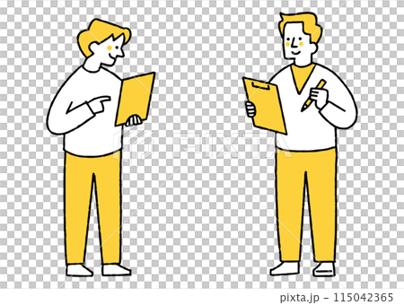 A person with a tablet and a person with a binder 115042365