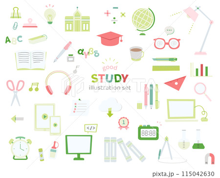 勉強　文具　イラスト　線なし　手描き風　学校　学習　学校　シンプル　PC 　ノート　デスク周り 115042630