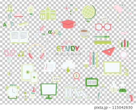 勉強　文具　イラスト　線なし　手描き風　学校　学習　学校　シンプル　PC 　ノート　デスク周り 115042630