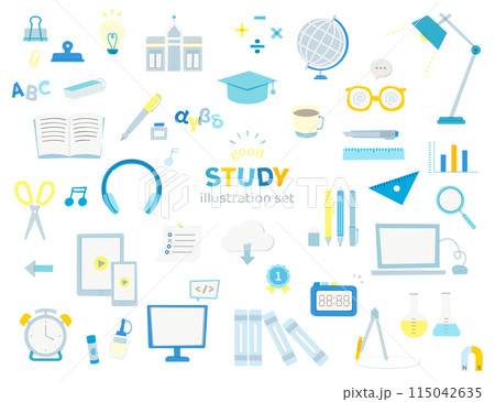 勉強　文具　イラスト　線なし　手描き風　学校　学習　学校　シンプル　PC 　ノート　デスク周り 115042635