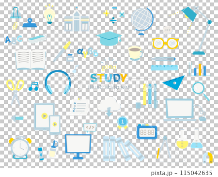 勉強　文具　イラスト　線なし　手描き風　学校　学習　学校　シンプル　PC 　ノート　デスク周り 115042635