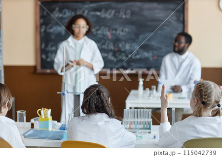 Selective focus shot of middle school students solving problems and raising hands during Chemistry class, copy space Selective focus shot of middle school students solving problems and raising hands during Chemistry class, copy space 115042739