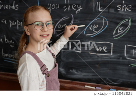Portrait of Caucasian schoolgirl wearing eyeglasses looking at camera while writing on blackboard in classroom 115042823
