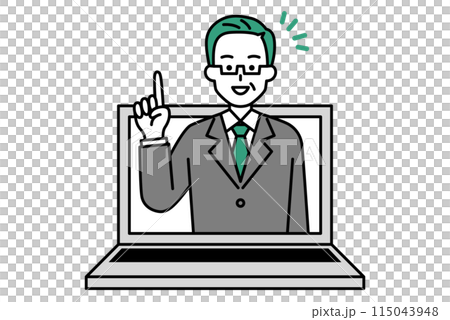 A middle-aged man in a suit jumps out of a laptop screen and gives advice A middle-aged man in a suit jumps out of a laptop screen and gives advice 115043948