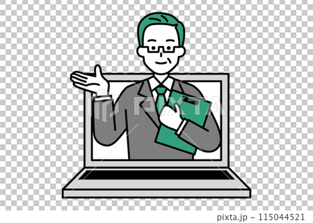 A middle-aged man in a suit jumps out of a laptop screen to explain 115044521