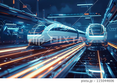 a future world, streamlined maglev vehicles on high-speed track a future world, streamlined maglev vehicles on high-speed track 115044606