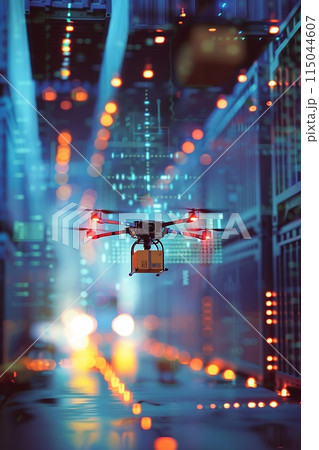 Innovative drone delivery technology, drones dropping packages 115044607