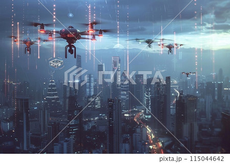 Conceptual image of drone parcel delivery in the future. 115044642