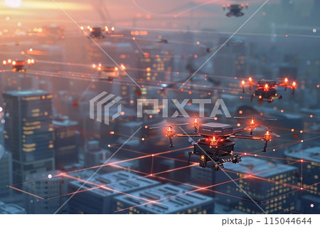 depicting multiple drones coordinating parcel drops 115044644