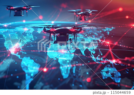 drones in synchronized flight paths delivering parcels 115044659