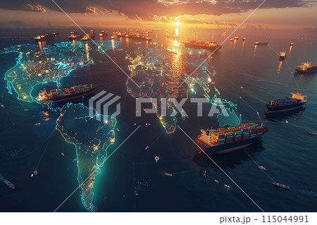 Global sea freight network visualized with interconnected shipping lanes and ports 115044991
