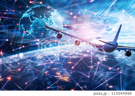Futuristic air freight transport featuring advanced cargo planes. 115044998