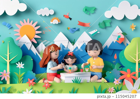 Argentine children making crafts with national symbols for a school event 115045207