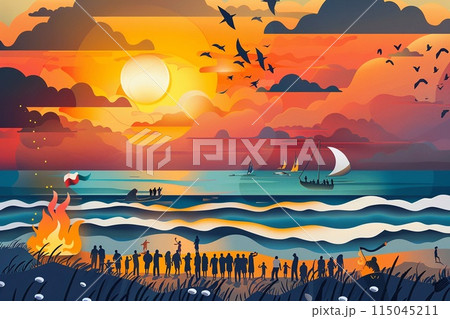 Sunset celebration on a beach for Argentina s National Sovereignty Day, with people gathered Sunset celebration on a beach for Argentina s National Sovereignty Day, with people gathered 115045211