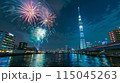隅田川花火大会の打ち上げ花火を屋形船から眺めた風景 隅田川花火大会の打ち上げ花火を屋形船から眺めた風景 115045263