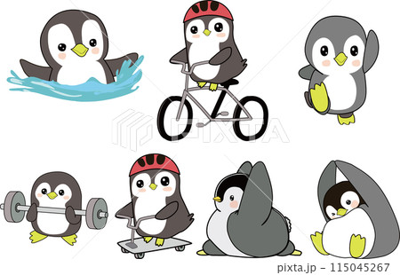トライアスロンと筋トレとストレッチをするアスリートペンギンたち トライアスロンと筋トレとストレッチをするアスリートペンギンたち 115045267