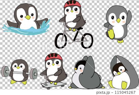 運動員企鵝進行鐵人三項、肌肉訓練和伸展運動 運動員企鵝進行鐵人三項、肌肉訓練和伸展運動 115045267