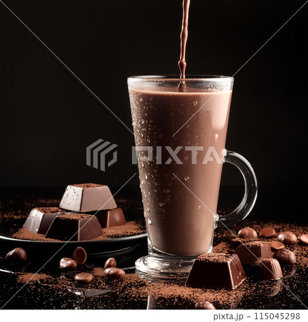 chocolate smoothie, blended drink, creamy beverage, cocoa flavor, sweet treat, dessert, chocolate milkshake, chocolatey goodness, indulgent, refreshing, rich and creamy, cocoa powder, chocolate syrup, 115045298