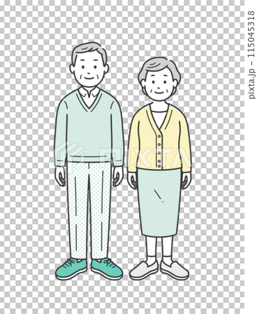 一對老年夫婦並排站立的全身圖 一對老年夫婦並排站立的全身圖 115045318