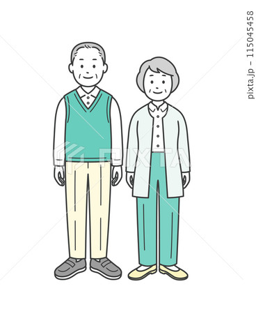 高齢男女の夫婦が並んで立っている全身イラスト 115045458