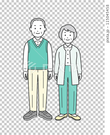 A full-body illustration of an elderly couple standing side by side 115045458