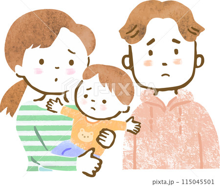 男の子を抱っこした母親と父親の困った表情の3人家族の上半身手描きイラスト 115045501