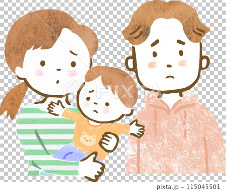 手繪插圖，一家三口的上半身，父母懷裡抱著一個男孩，表情困擾 115045501