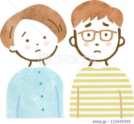 困った表情の男女カップルの上半身手描きイラスト 115045505