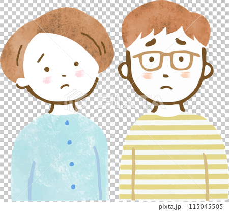 困った表情の男女カップルの上半身手描きイラスト 115045505