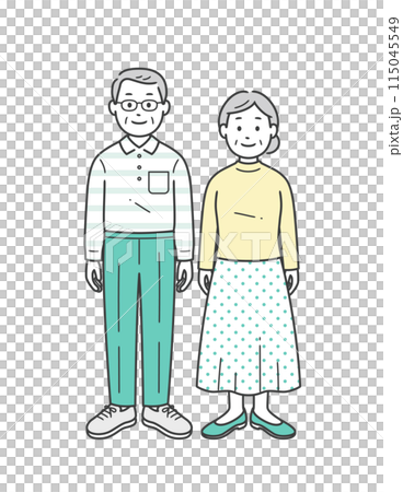 A full-body illustration of an elderly couple standing side by side 115045549