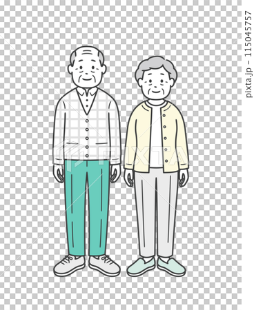 一對晚年男女夫婦並肩站立的全身插圖 115045757