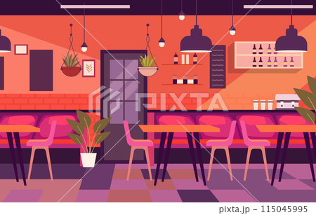 Illustration of Modern Interior Landscape in Cafe Restaurant with Dining Table for Customer Illustration of Modern Interior Landscape in Cafe Restaurant with Dining Table for Customer 115045995
