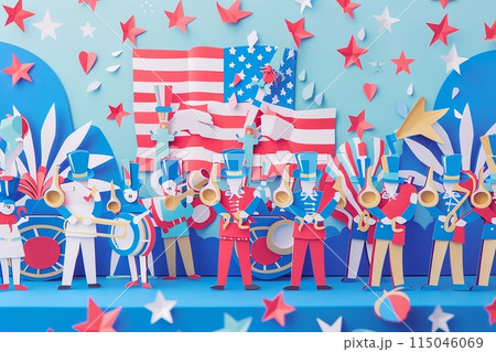 the Fourth of July featuring marching bands, decorated floats, and people in patriotic attire 115046069