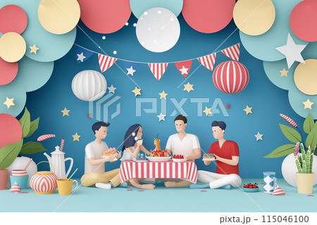 Evening celebration of Memorial Day at home, with family members wearing patriotic colors Evening celebration of Memorial Day at home, with family members wearing patriotic colors 115046100