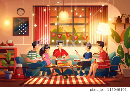 Evening celebration of Memorial Day at home, with family members wearing patriotic colors Evening celebration of Memorial Day at home, with family members wearing patriotic colors 115046101