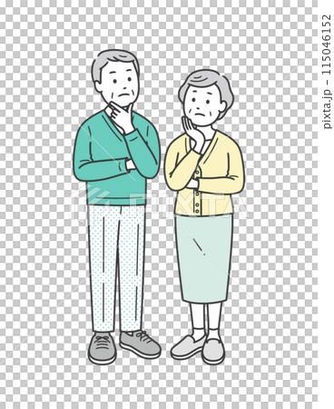 高齢男女の夫婦が並んで立って悩んでいる全身イラスト 高齢男女の夫婦が並んで立って悩んでいる全身イラスト 115046152