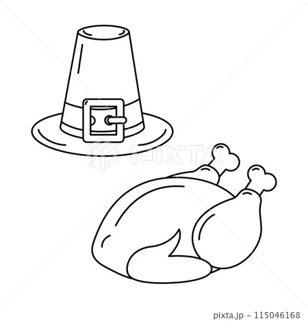 Roast turkey and Pilgrim hat Outline drawing traditional Thanksgiving simbols in minimalistic style 115046168