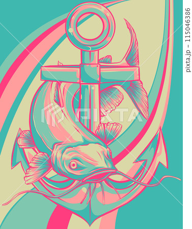 Cartoon funny catfish with anchor on white background 115046386