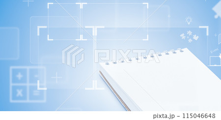The open spiral-bound notebook on a blue futuristic background with business and education elements. The open spiral-bound notebook on a blue futuristic background with business and education elements. 115046648