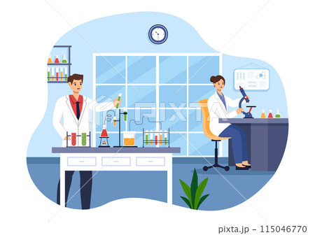 Vector Illustration of a Laboratory Conducting Scientific Research, Experimentation, and Measurement in a Flat Cartoon Style Background Vector Illustration of a Laboratory Conducting Scientific Research, Experimentation, and Measurement in a Flat Cartoon Style Background 115046770